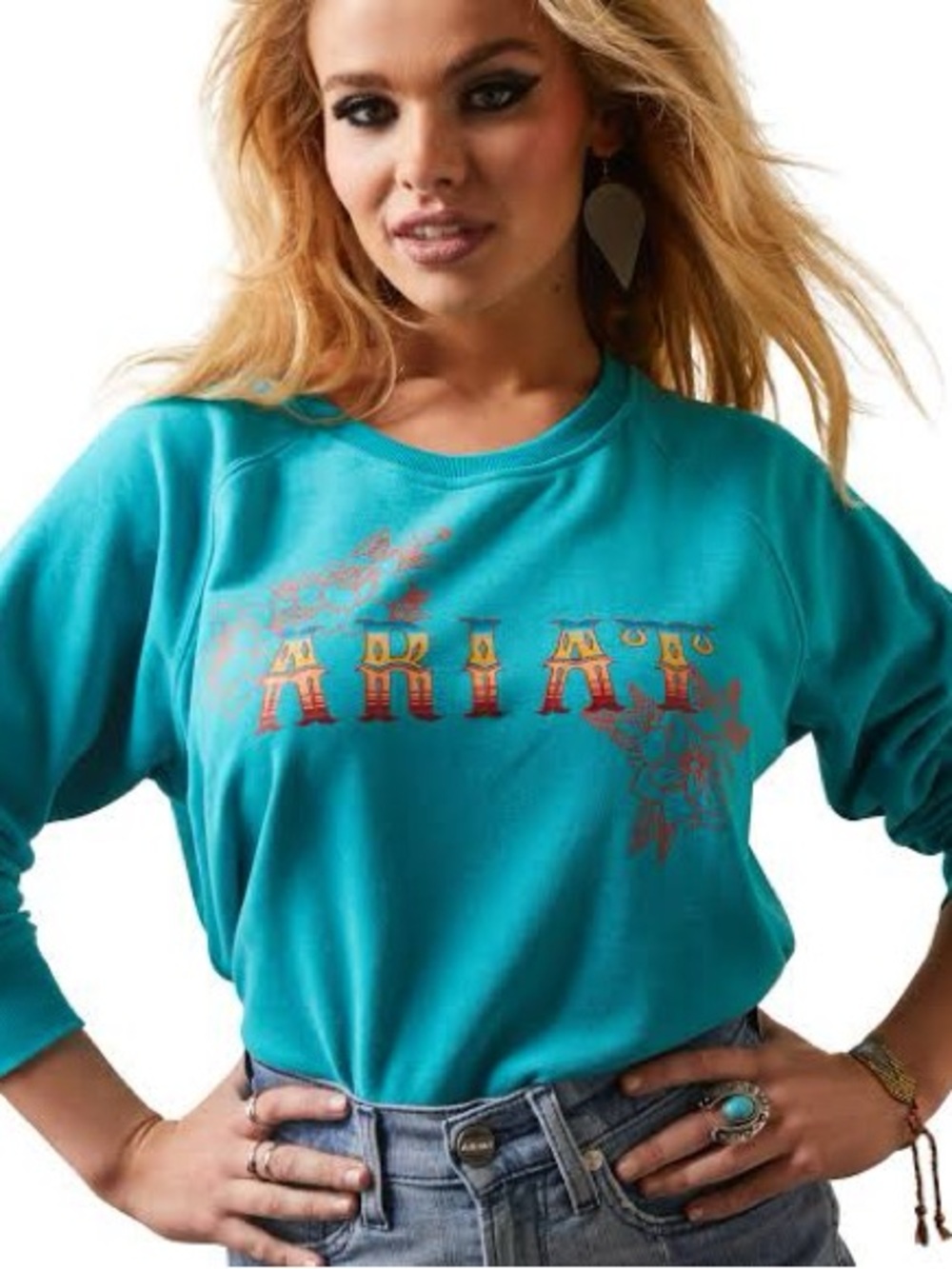 Ariat Teal Floral Logo Crewneck Sweater